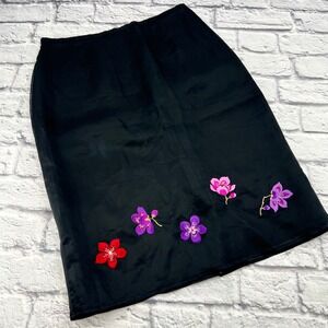 Ann Taylor Womens Black 100% Silk Floral Embroidered Midi Skirt Size 10